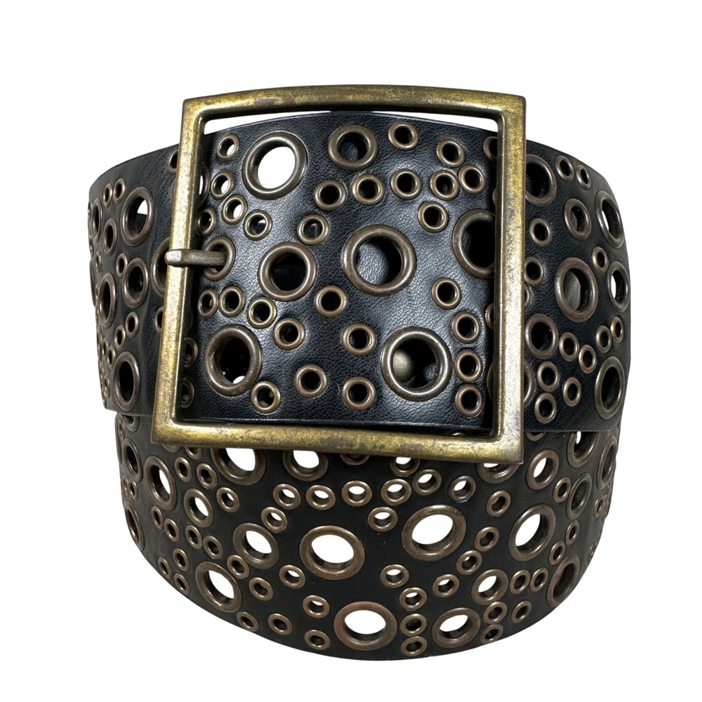 Steampunk Black Faux Leather Wide Grommet Belt Bronze Tone Buckle Punk‎ Grunge